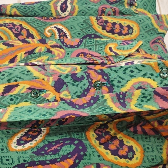 Vintage 70s Mod Green Whimsical Paisley Button Down Neck Tie Blouse Size Large - Picture 4 of 9